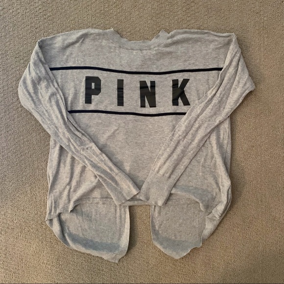 VS PINK Soft Gray Knit Sweater with Logo and Loose Open Back - Picture 2 of 4
